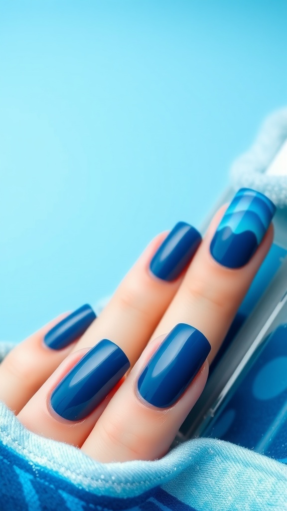 Close-up of dark blue nails with a glossy finish, inspired by ocean waves.
