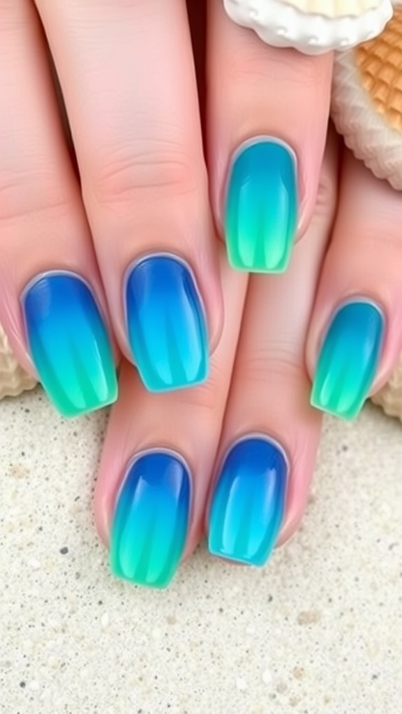 Nail design featuring an ocean wave ombre pattern with blue and green shades.