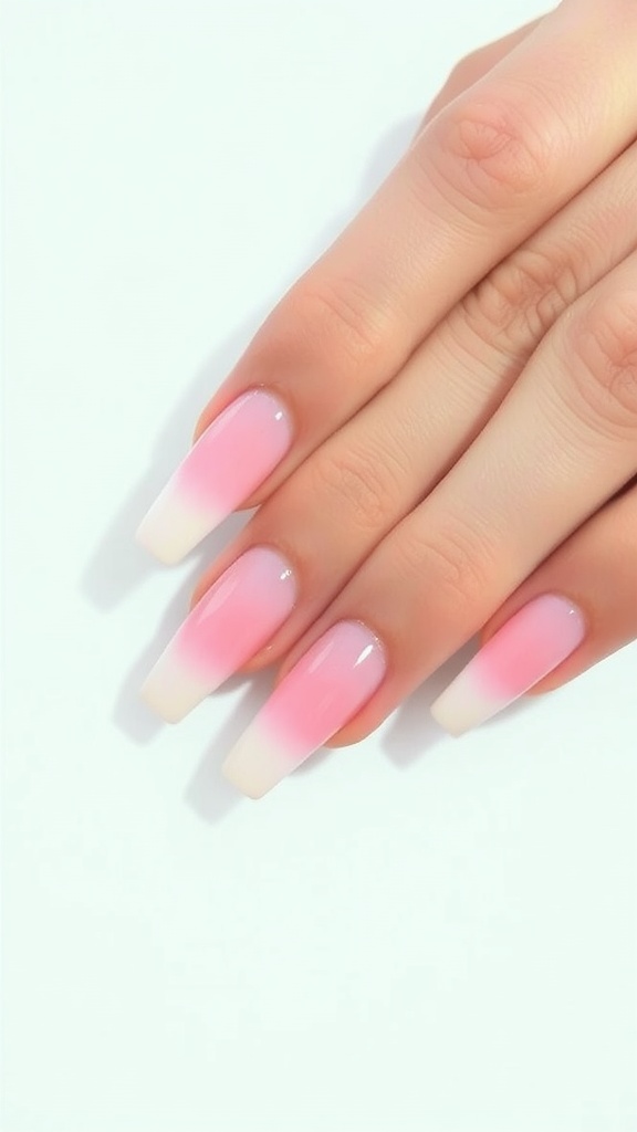 Close-up of stylish ombre baby pink French tip nails