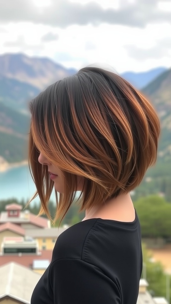 A stylish woman with an ombre choppy bob hairstyle, showcasing a blend of colors from dark to light.