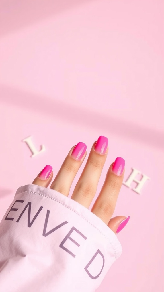 A hand with ombre hot pink nails against a soft pink background.