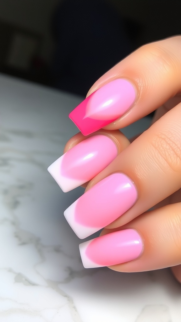 Close-up of pink ombre square acrylic nails on a marble surface.