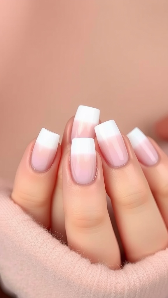 Image of nails featuring ombre white French tips with soft pink base and white tips.