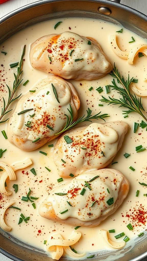 One-Pan Alfredo Chicken with creamy sauce and garnished with fresh herbs.