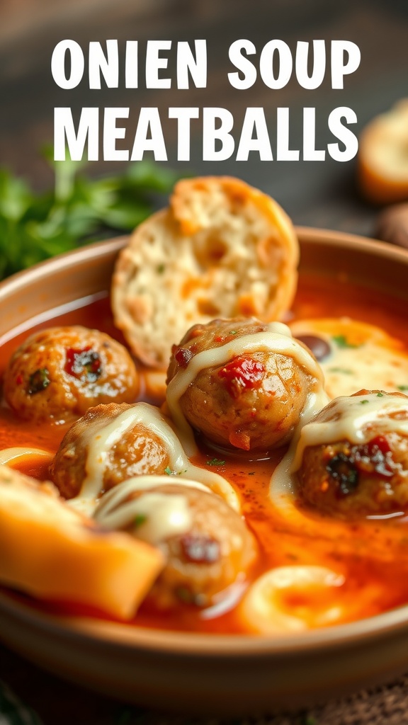 Delicious onion soup meatballs served in a bowl with melted cheese.