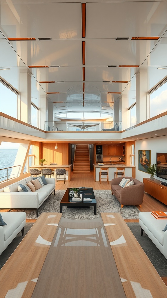 Interior of a luxury yacht featuring an open-plan layout with spacious living and dining areas