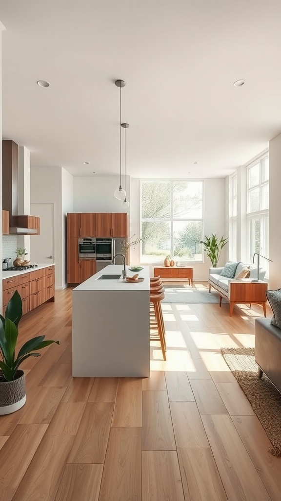 A modern open concept kitchen with light wood flooring and large windows.