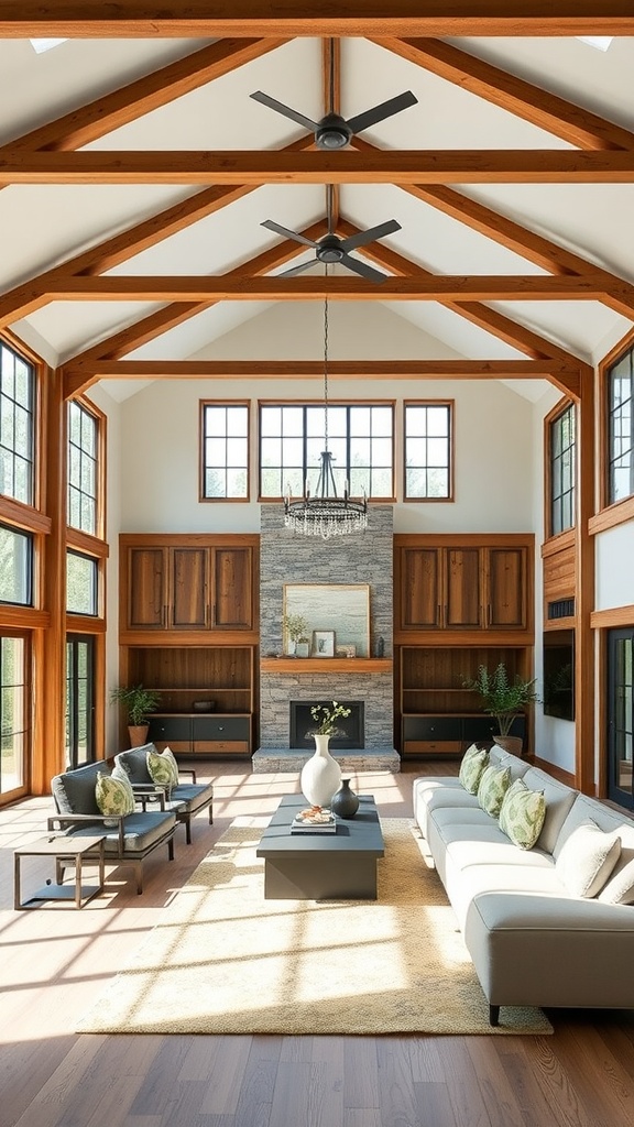 Interior of a barndominium showcasing open concept living with tall ceilings and natural light.