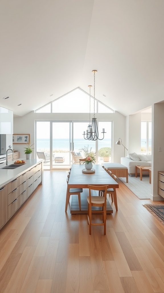 Interior of a beach house showing an open concept living space with a dining area and kitchen.