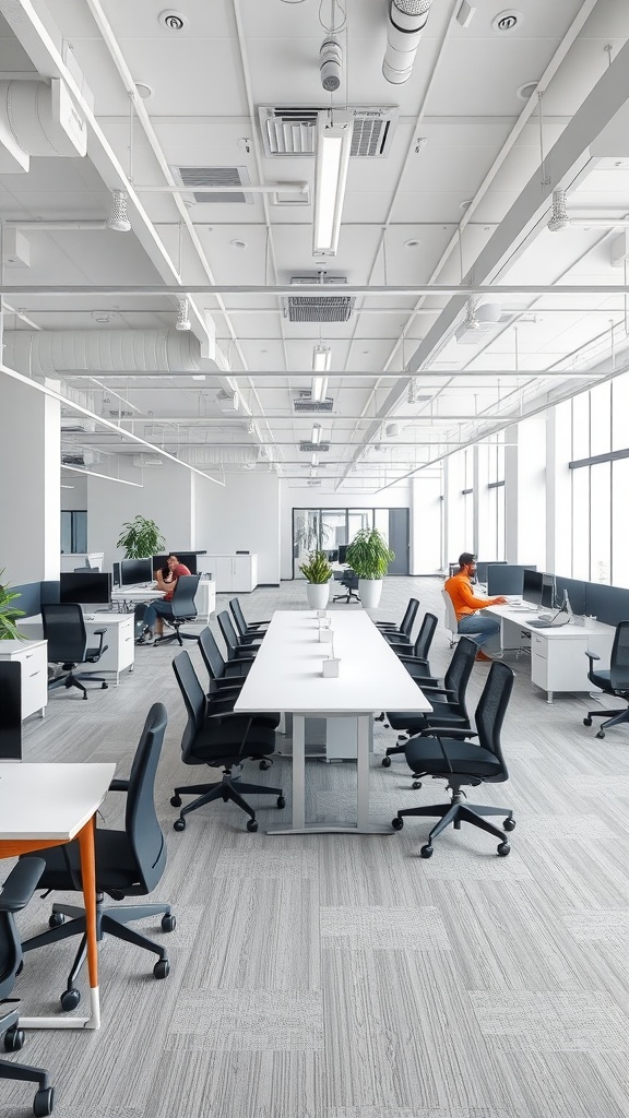 Modern open concept office interior with desks and plants