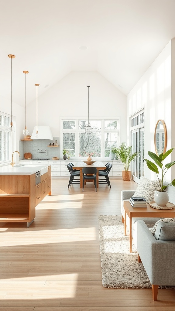 An open floor plan featuring a kitchen, dining area, and living room with natural light.