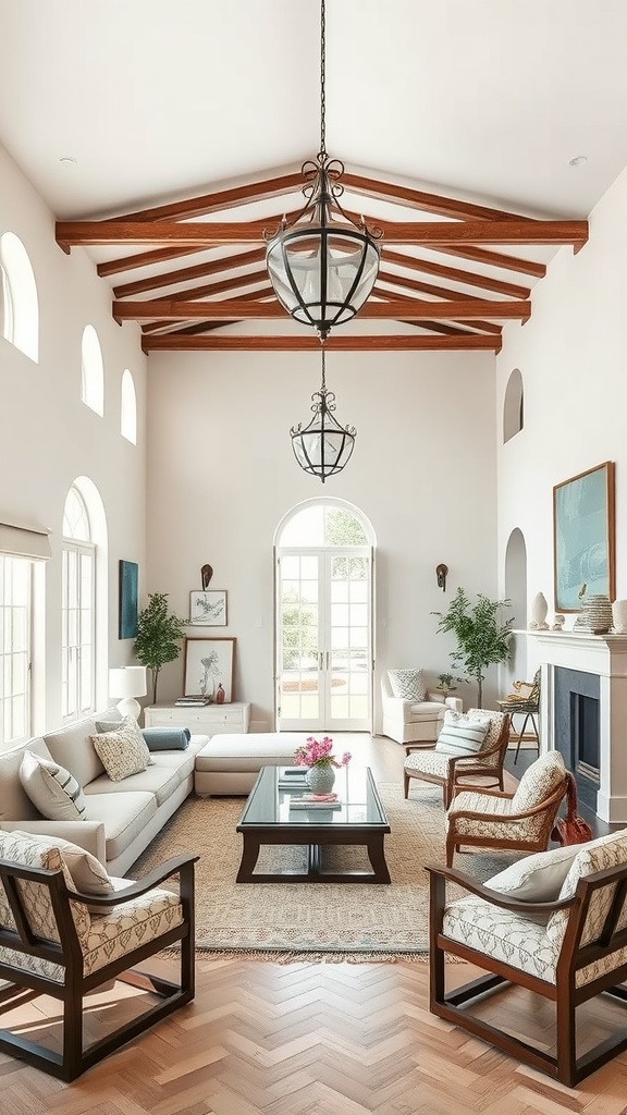 A spacious living area featuring high ceilings, natural light, and comfortable furniture inspired by Italian villa design.