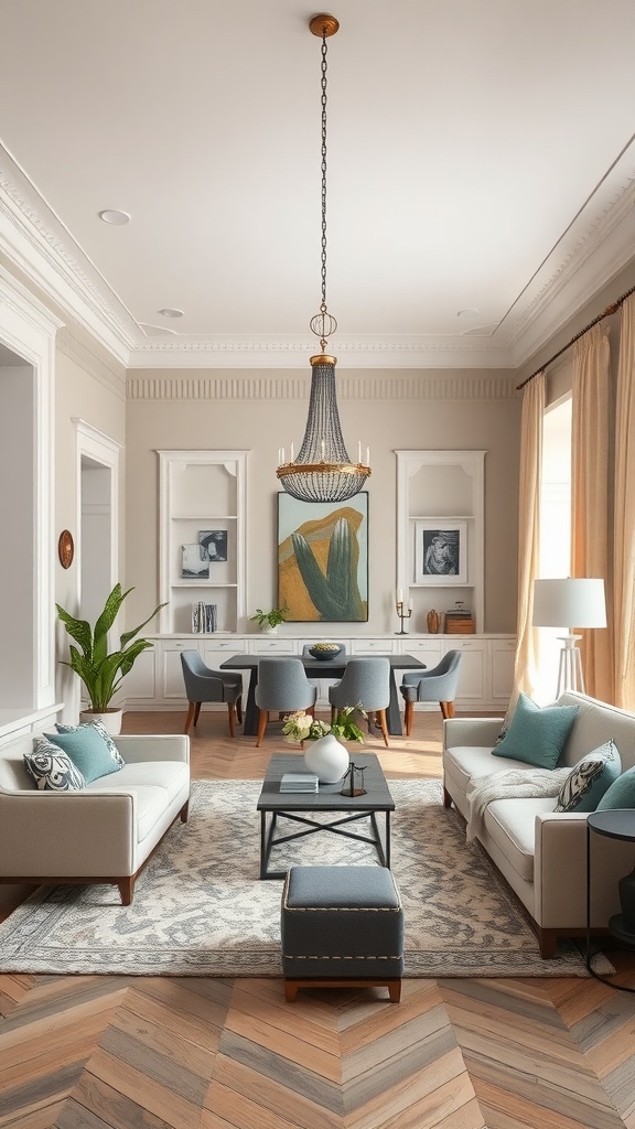 A modern interior with an open floor plan featuring a dining area and living room, showcasing elegant furniture and decor.