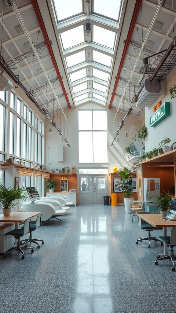 A spacious interior showcasing an open floor plan with functional zones, large windows, and a retro futurism design.