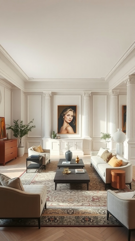 Neoclassical interior living room with open layout, showcasing elegant furniture and classic architectural details.