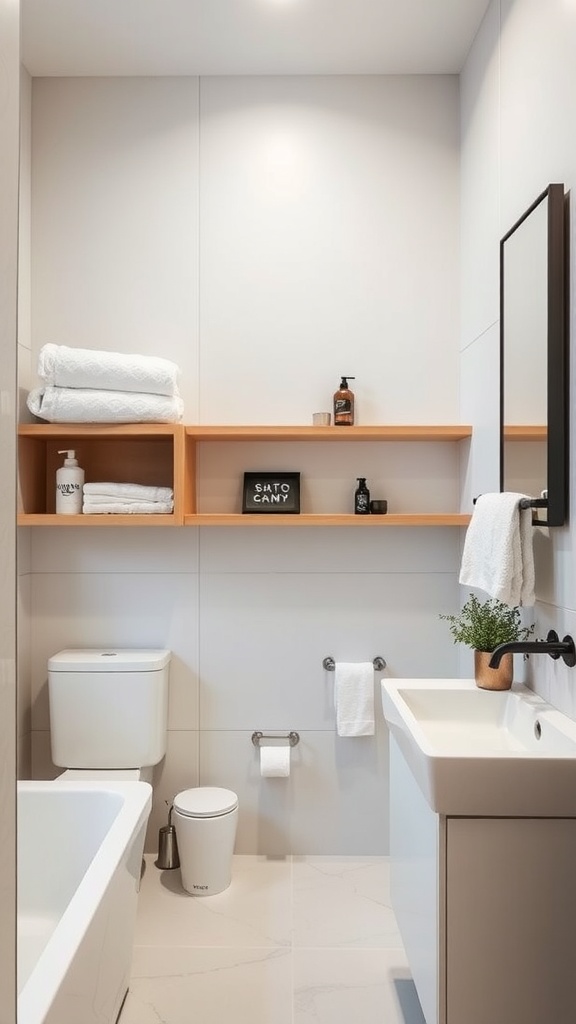 Modern bathroom interior with open shelving displaying towels and bathroom products.