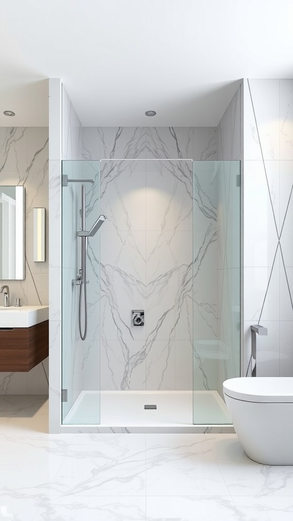 A modern bathroom interior featuring an open shower design with glass panels, marble walls, and sleek fixtures.