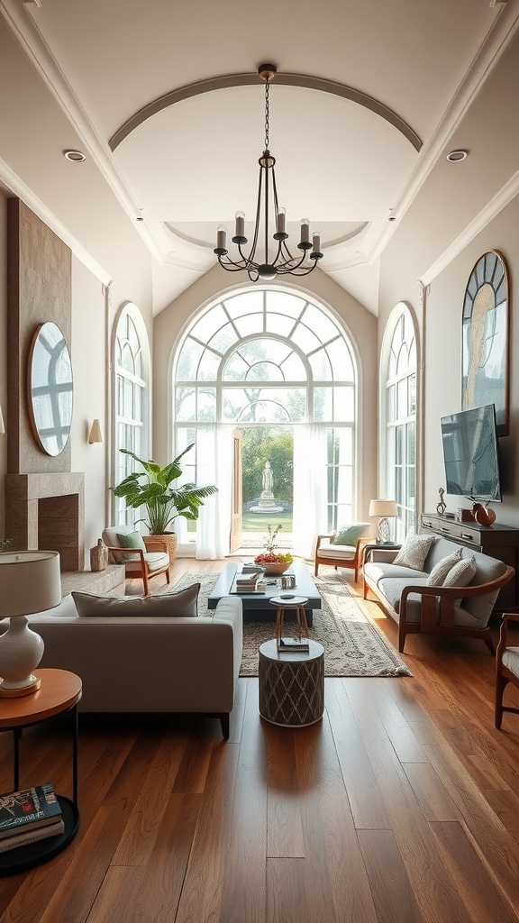 A bright and inviting Art Nouveau interior featuring large windows, comfortable furniture, and natural elements.