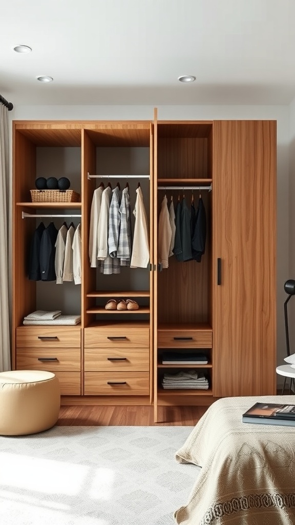 A stylish wooden wardrobe with open and closed sections, displaying clothes and storage drawers.