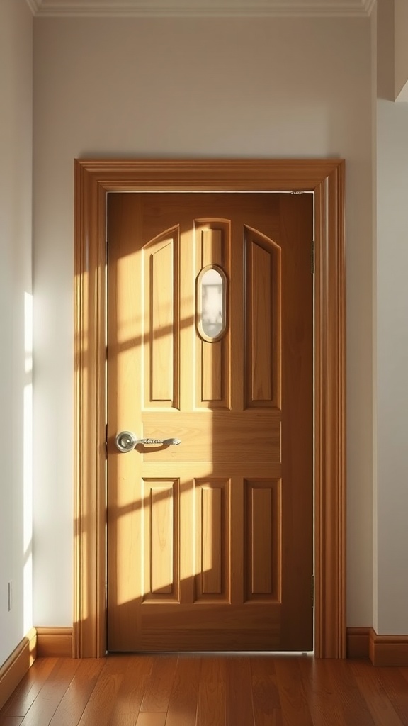Interior wood door with sunlight streaming through