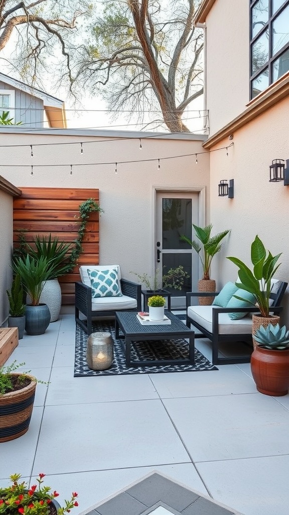 A small patio with plants, seating, and decorative elements.