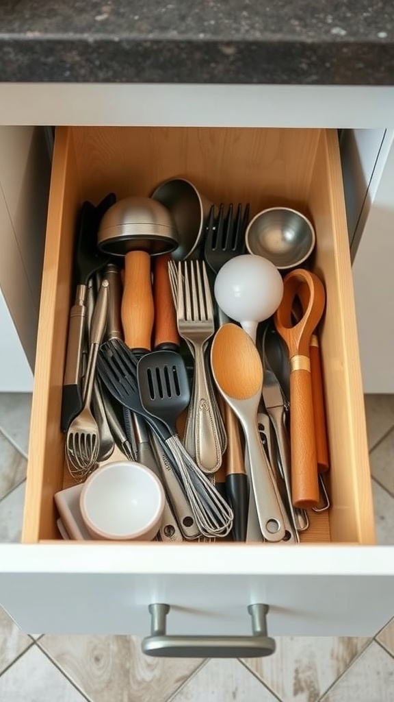 A neatly organized kitchen drawer filled with utensils and tools.