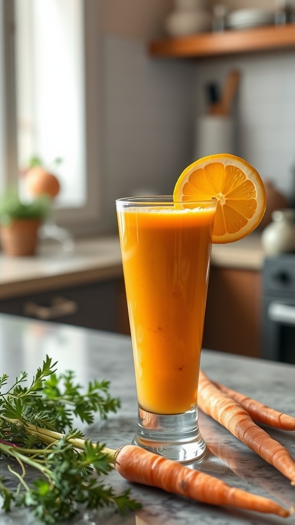 A refreshing orange and carrot smoothie in a glass, garnished with a slice of orange.
