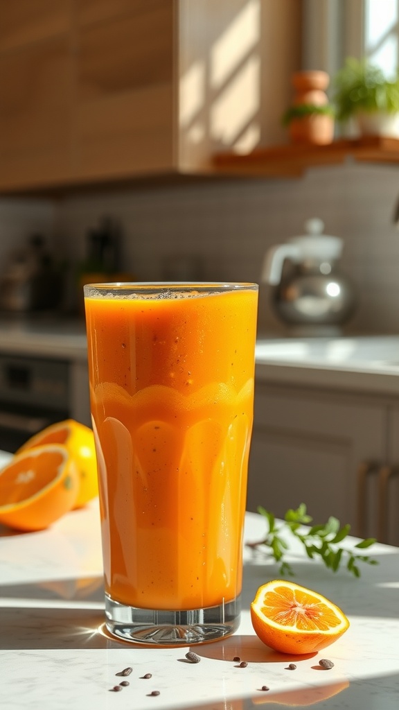 A glass of vibrant orange smoothie with chia seeds, surrounded by oranges on a kitchen countertop.