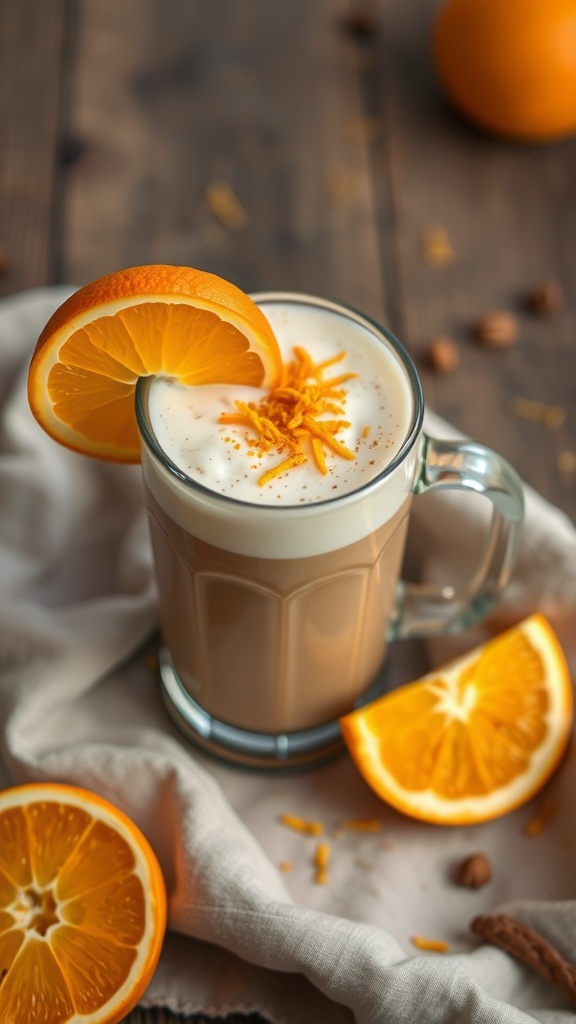 A refreshing orange zest coffee smoothie garnished with an orange slice.