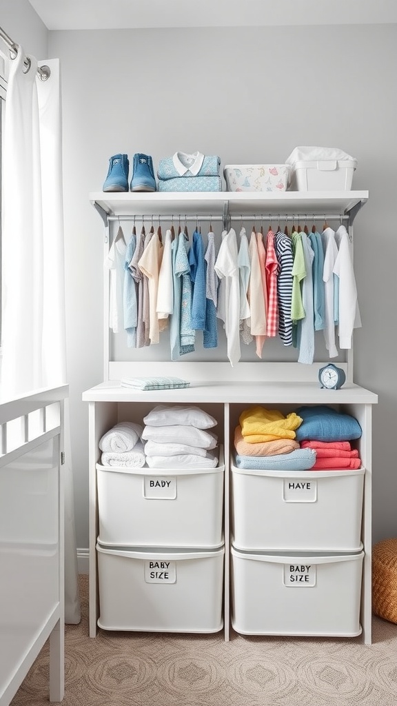 Organized baby clothes on a shelf with bins labeled by size.