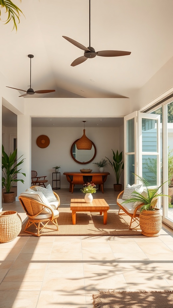 A bright and airy indoor living space featuring bohemian decor with rattan furniture and plants.