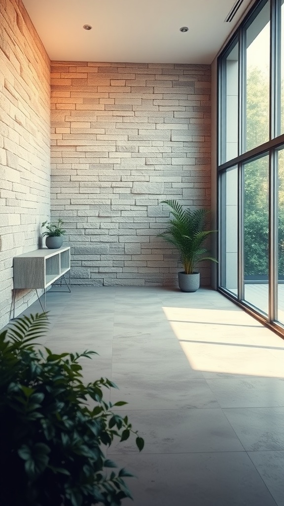 Interior view featuring a stone wall, large windows, and green plants.
