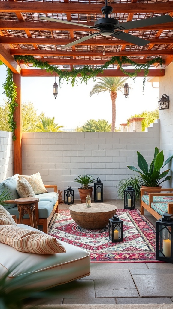 A cozy outdoor boho retreat with wooden furniture, plants, and lanterns.