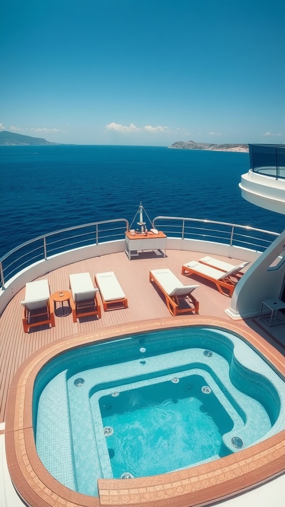 Outdoor deck of a luxury yacht featuring loungers and a hot tub with ocean view