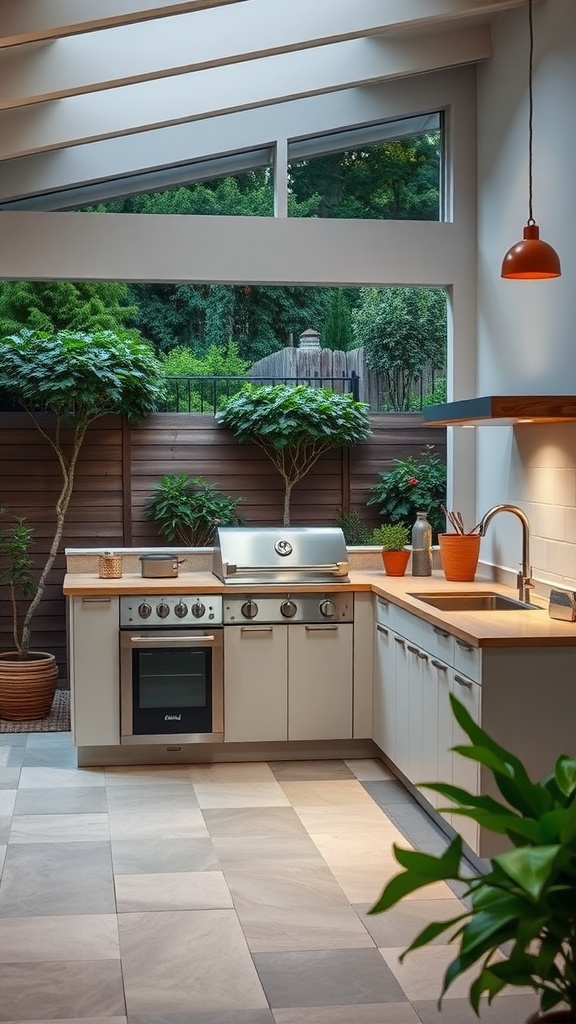 A modern kitchen with large windows overlooking a lush outdoor area, featuring a grill and potted plants.
