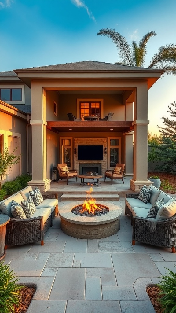 A cozy outdoor living area featuring a fire pit and comfortable seating.