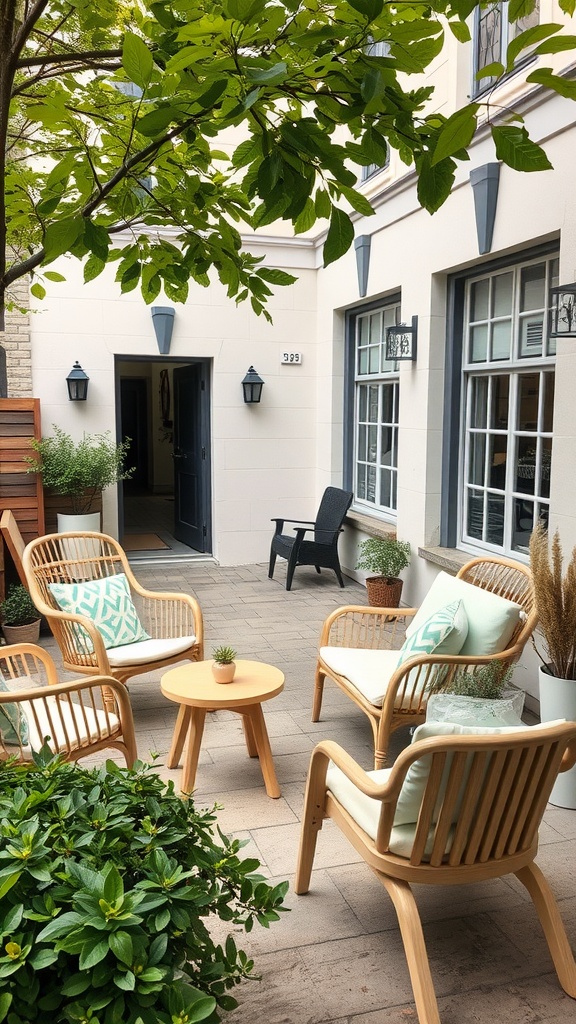 Outdoor seating area with chairs, a small table, and plants in a Nordic-style setting.