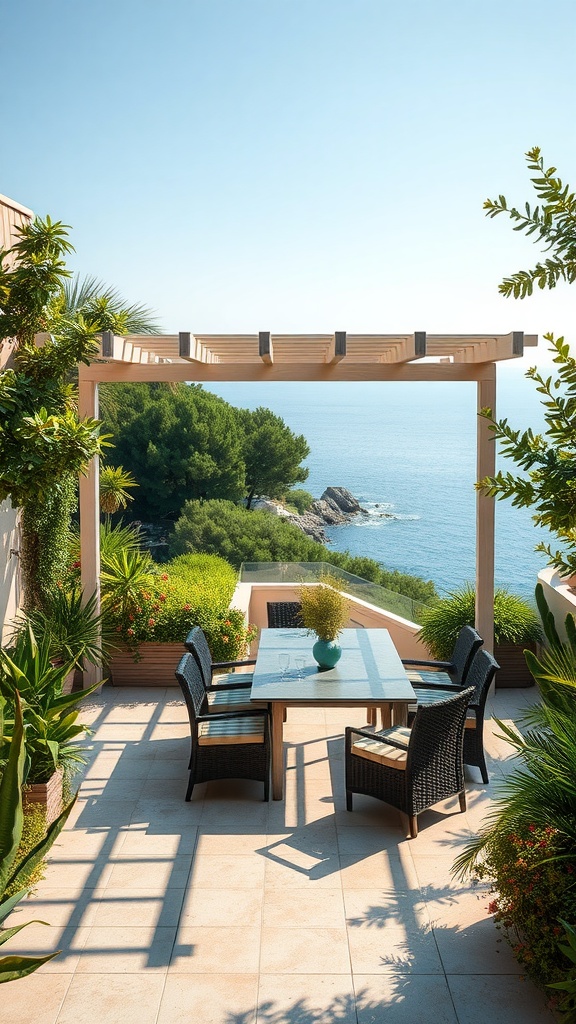 A beautiful outdoor living space with a table and chairs overlooking the sea, surrounded by lush plants.