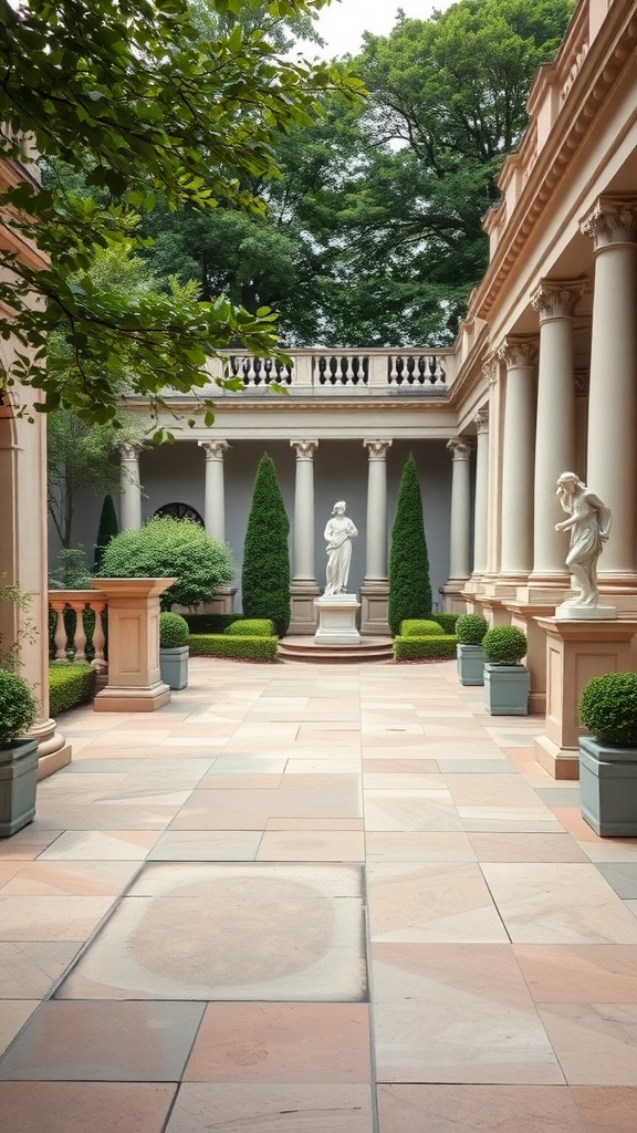 Neoclassical inspired outdoor space featuring columns, statues, and greenery.