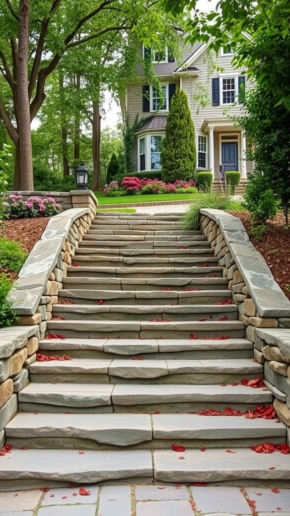 Beautiful outdoor staircase surrounded by greenery and flowers.