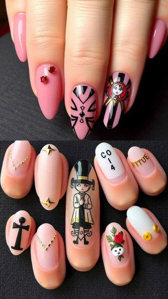 Various oval nail designs featuring playful themes and elegant decorations.