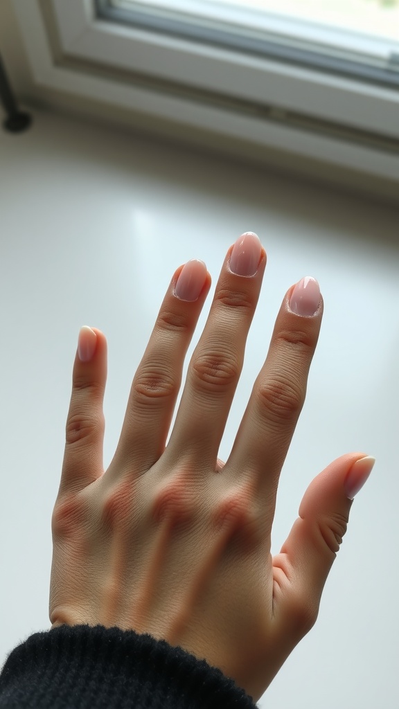 A close-up of a hand with oval-shaped nails.