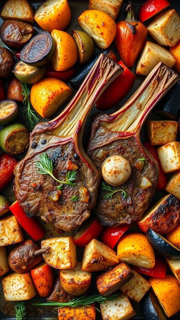 Oven-roasted lamb chops with colorful vegetables arranged on a baking sheet.