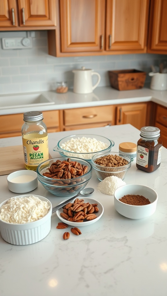 Ingredients for pecan pie preparation, including pecans, sugar, and syrup.