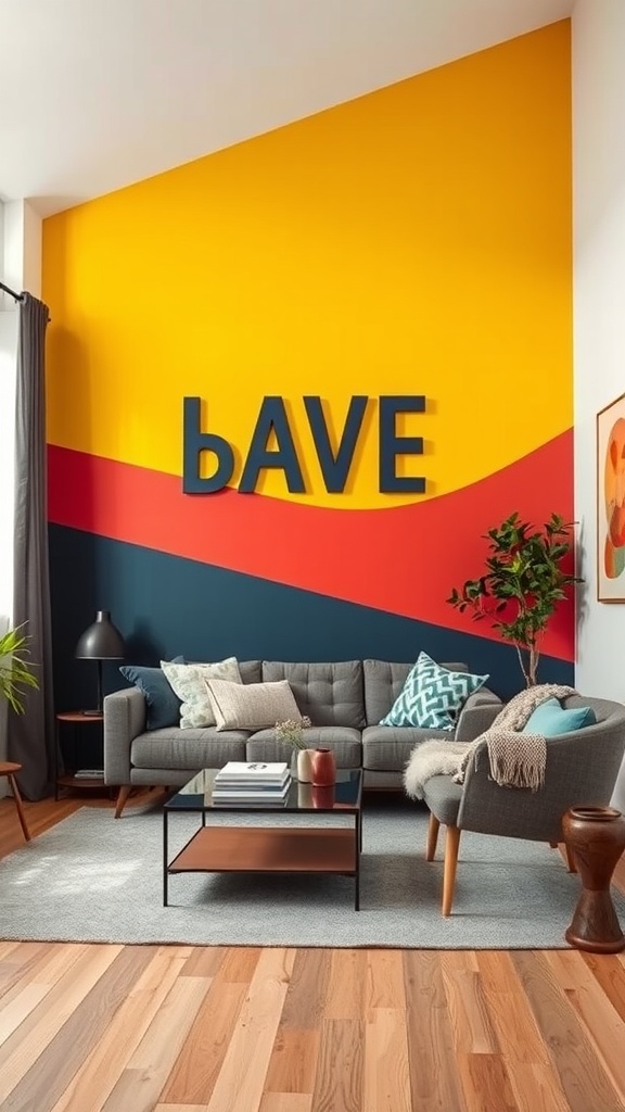 A modern living room featuring a painted accent wall with vibrant colors.