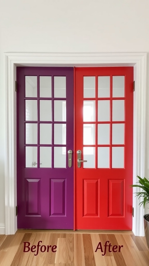 Before and after image of French doors painted in purple and red.
