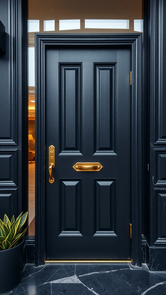 A black door with gold hardware, showcasing a modern interior design.