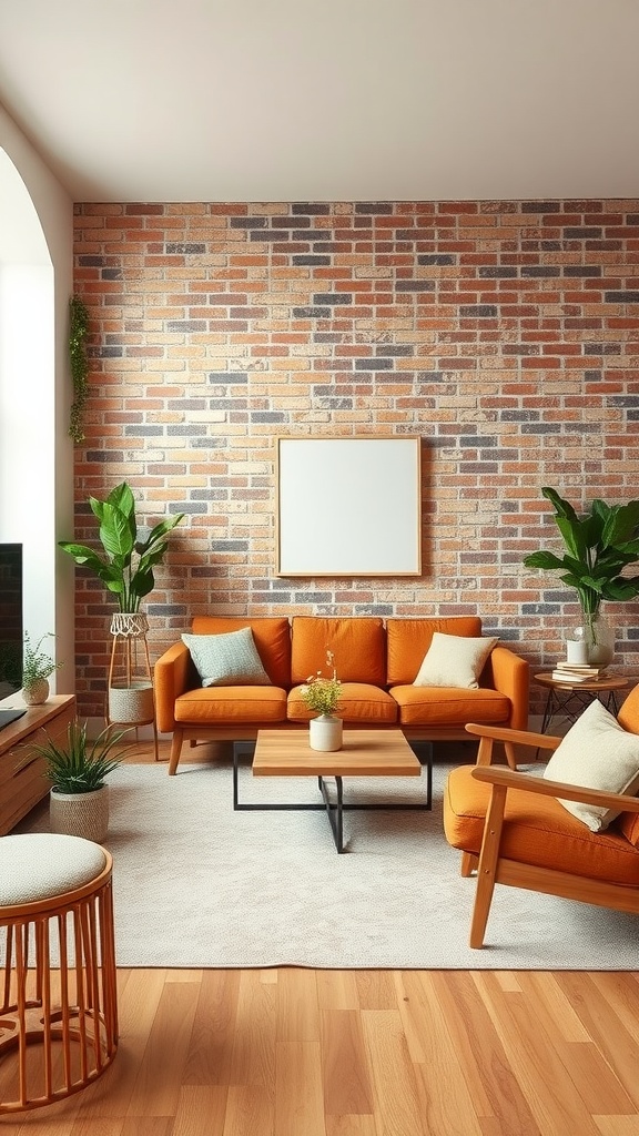 Living room with brick wall, orange furniture, and natural wood accents.