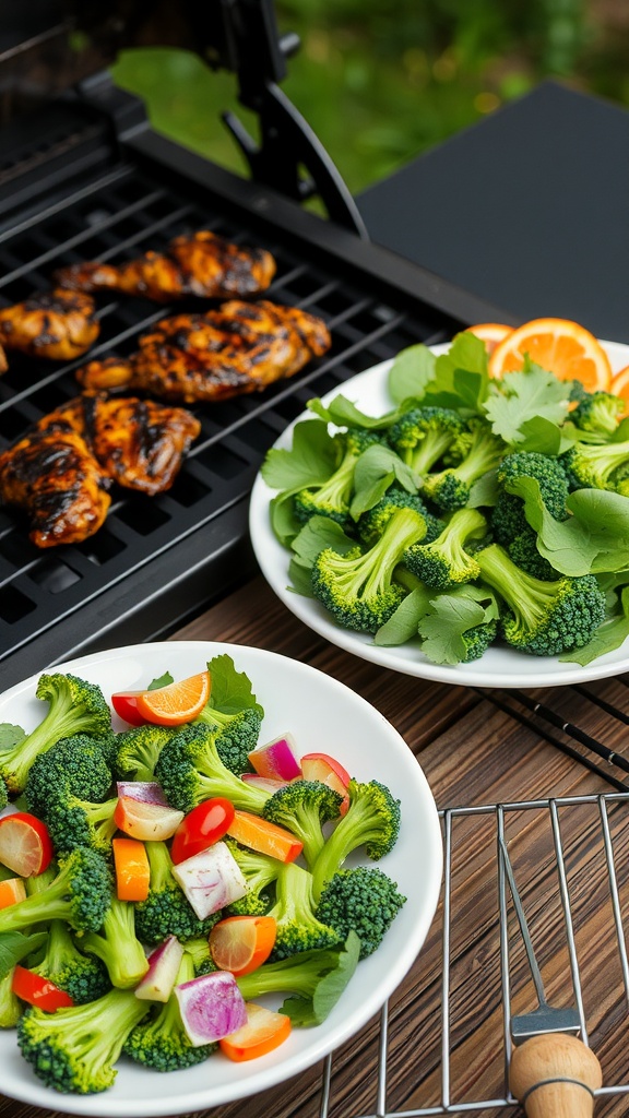 A vibrant broccoli salad in a white bowl, perfect for pairing with grilled meats.