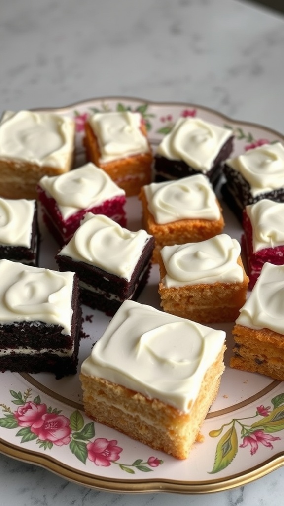 Cream cheese frosting on assorted cake squares